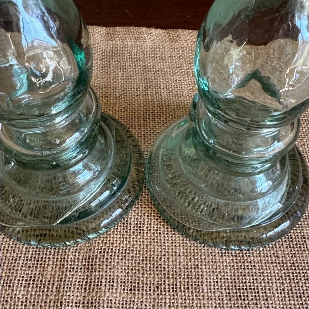 Pottery Barn Pair of Green Recycled Glass Candle Sticks Made in Spain ~8” - Picture 4 of 10
